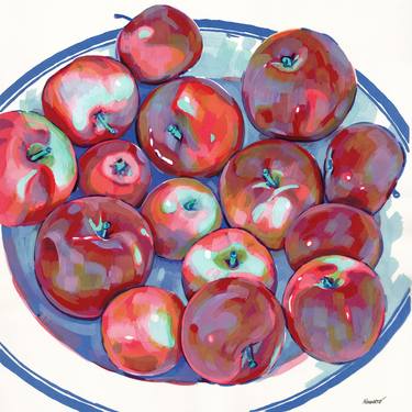 Plate with apples still life painting, apples wall art, fruit artwork, fruit art thumb