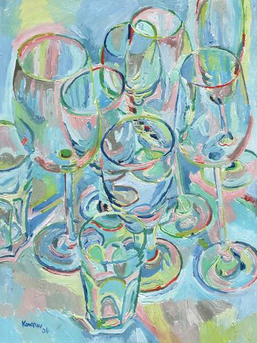 Wine glasses still life painting, table kitchen art, bar artwork, glass art thumb