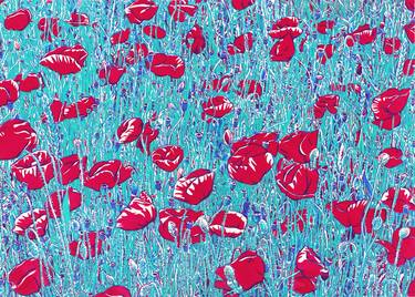 Poppies field painting Red floral original art Flowers botanical thumb