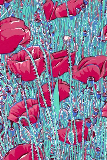 Poppies field painting Red flower originla art Floral botanical thumb