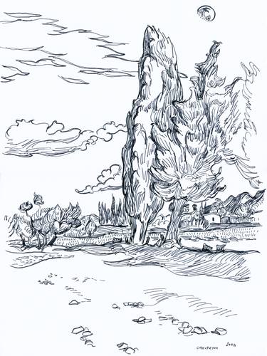 Cypress trees with Alpilles in Saint-Remy in Provence, France, landscape drawing, Provence painting, cypresses in Saint-Remy thumb