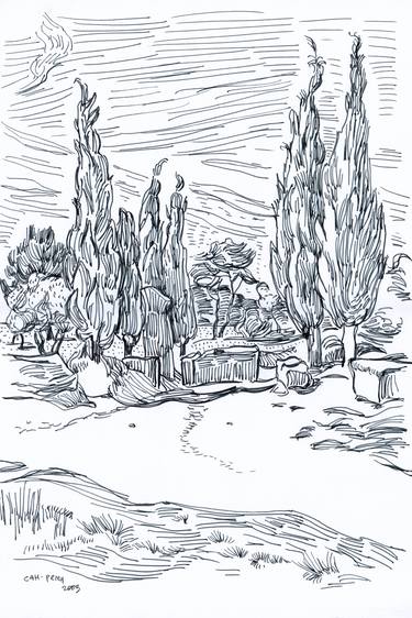 Cypress tree drawing Alpilles Saint-Remy Provence landscape thumb