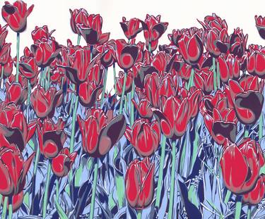 Tulip flowers field painting Red flower original art Flower thumb