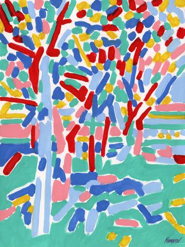 Tree landscape painting Blossoming garden original art colorful thumb