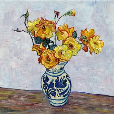 Yellow rose flowers bouquet vase oil painting impasto Van Gogh thumb