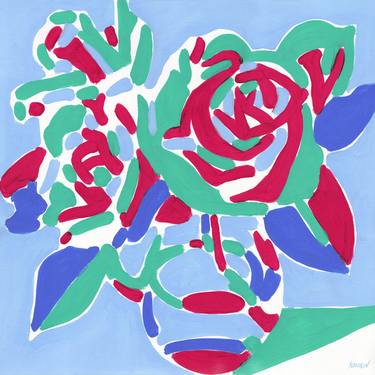 Rose bouquet original painting canvas pink blue floral colorful thumb