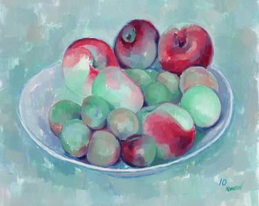 Plate with apples oil painting Kitchen fruit food original art thumb