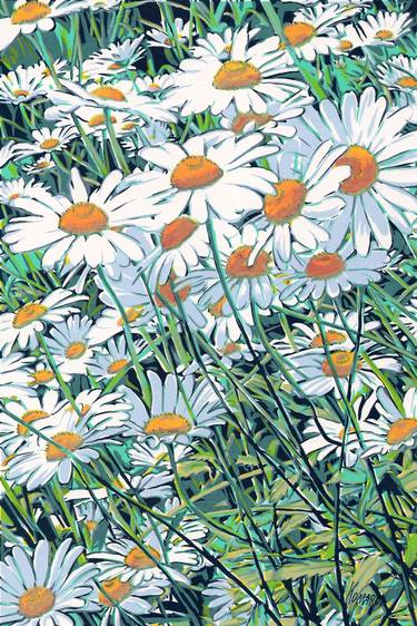 Daisy flowers impressionist painting, daisy art, flower painting, floral painting, colourful botanical pop art thumb