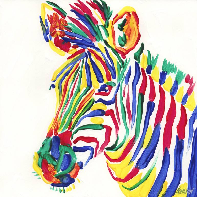 Colorful zebra oil painting, pop art farm animal pet portrait, impressionism impasto art - Print