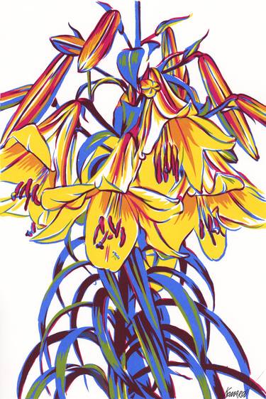 Lily flower painting Floral yellow Botanical expressionism thumb