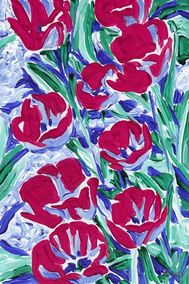 Tulip painting Floral original art Red flowers expressionism thumb