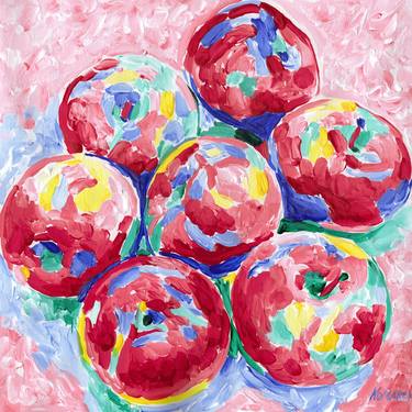 Red apple fruit painting original art Kitchen wall art Colorful small painting 12 by 12 thumb