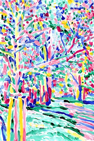 Abstract trees original Landscape painting Forest path wall art colorful oil 12 by 8 small pop art thumb