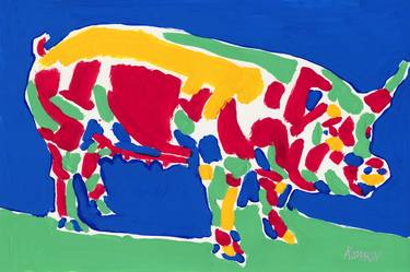 Pig painting Farm animal original art farmhouse colorful pop art thumb