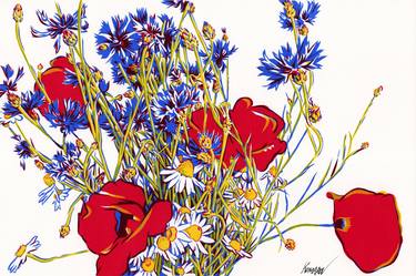 Poppy Daisy Cornflower painting Wildflower original art thumb