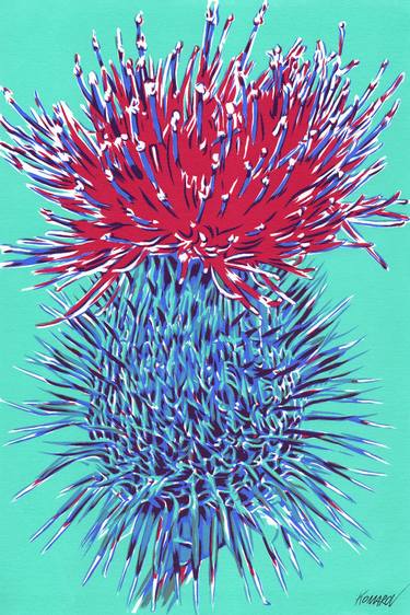 Burdock flower painting Botanical original art Red flower thumb