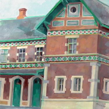 Architecture painting Cityscape original art Red house castle thumb
