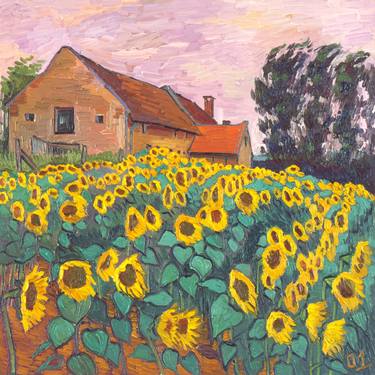 Tuscany sunflower field painting rural country landscape thumb