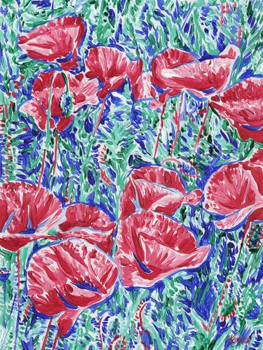 Poppy flower filed painting Floral original art Colorful thumb