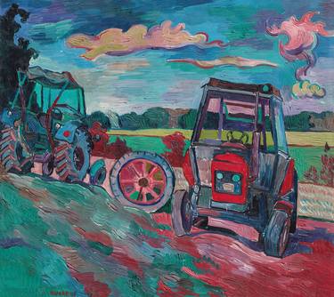 Tractors painting landscape original art impasto impressionism thumb