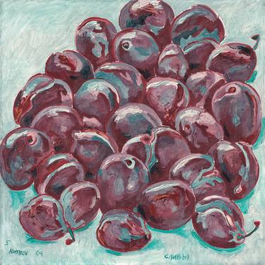 Plum painting kitchen fruit original art food impressionism thumb