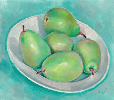 Green pear painting fruit kitchen original art food still life thumb