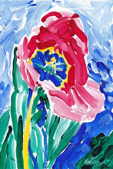 Tulip oil painting floral original art red flower impressionism thumb