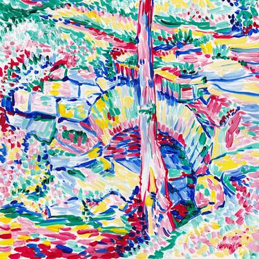 Stone bridge oil painting Forest landscape colorful expressionism thumb