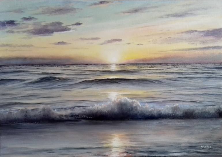 Original Oil Painting Of Beautiful Golden Sunset Over Ocean.. Stock Photo,  Picture And Royalty Free Image. Image 122215508.