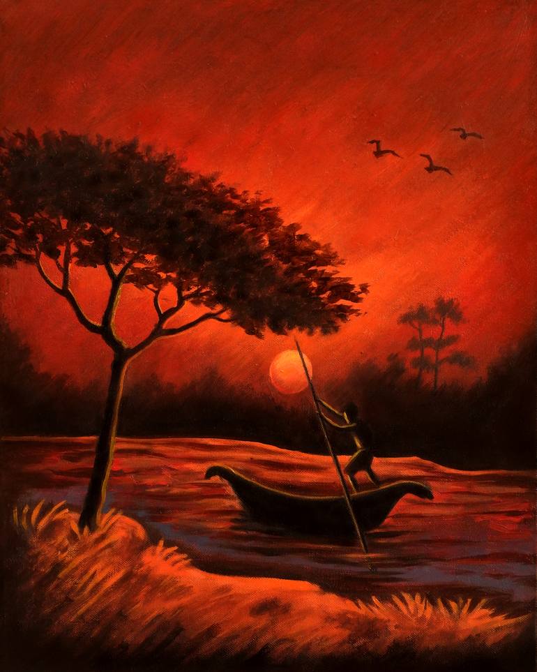 sunset on the river painting