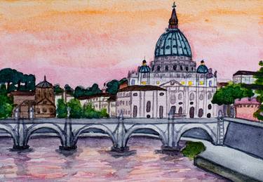 St. Peter's Basilica and Angelo bridge at sunset thumb