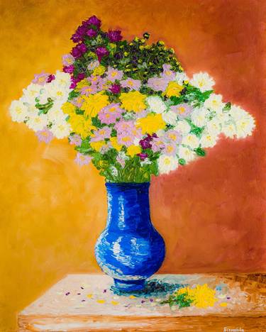 Bouquet of flowers in blue vase thumb