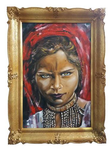 Gipsy girl from India (Oil on wood 73x56cm).(Frame 90x70) thumb