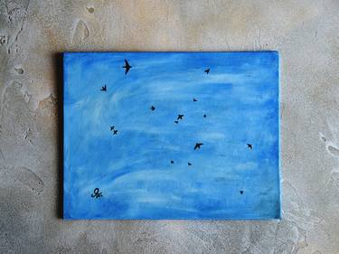 Original oil painting on canvas Swifts swallows in flight Animalistic Painting blue sky Impressionism Hand painting heaven Birds silhouettes thumb