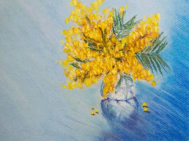 Digital printing original drawing dry pastel bouquet yellow mimosa silver australian acacia in a glass vase thumb