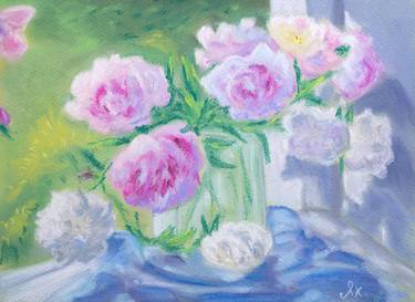 Digital printing original drawing dry pastel Delicate bouquet of pink and white peonies in a glass vase on a blue fabric thumb