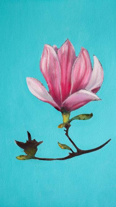 Digital printing original drawing with dry pastel Branch with pink magnolia flower Symbol of spring Watercolor Oil painting thumb