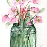 Pink flowers in glass jar. by Larisa Maslova