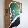 Portrait of a green man in suit, painted on ripped piece of cardboard, mounted on wooden hanging frame and covered with matte varnish