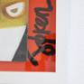 portrait oif a sceptic man, painted on cardboard, framed with bright orange background