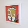 portrait oif a sceptic man, painted on cardboard, framed with bright orange background