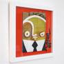 portrait oif a sceptic man, painted on cardboard, framed with bright orange background