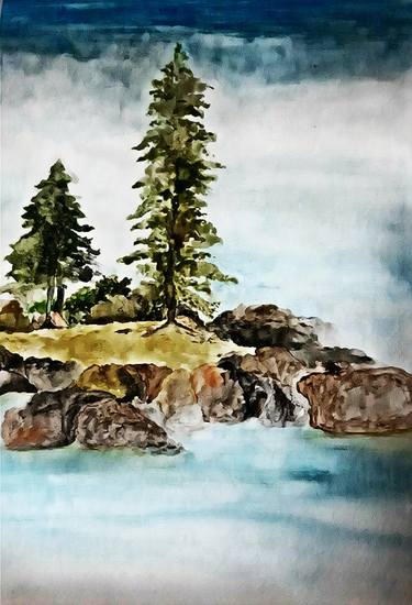 Lake Tahoe Landscape Watercolor Painting thumb