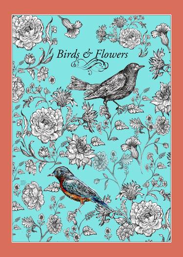 Birds and Flowers_Vintage Style Drawing. thumb