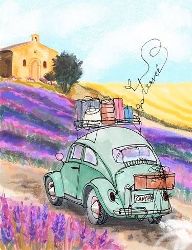 Retro car in lavender fields of Provence thumb