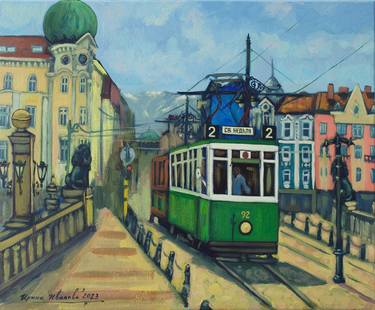 Retro tram on the bridge thumb