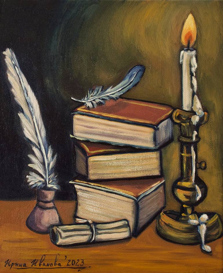 Books and candle Painting by Irina Ivanova