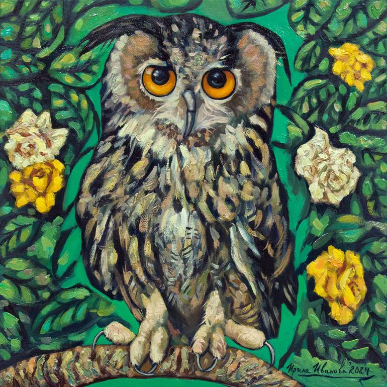 Original Animal Painting by Irina Ivanova | Impressionism Art on Canvas | Owl in a garden