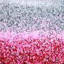 A snowy red mountain forest created by layers of red, pink, gray and silver paint (Untitled).