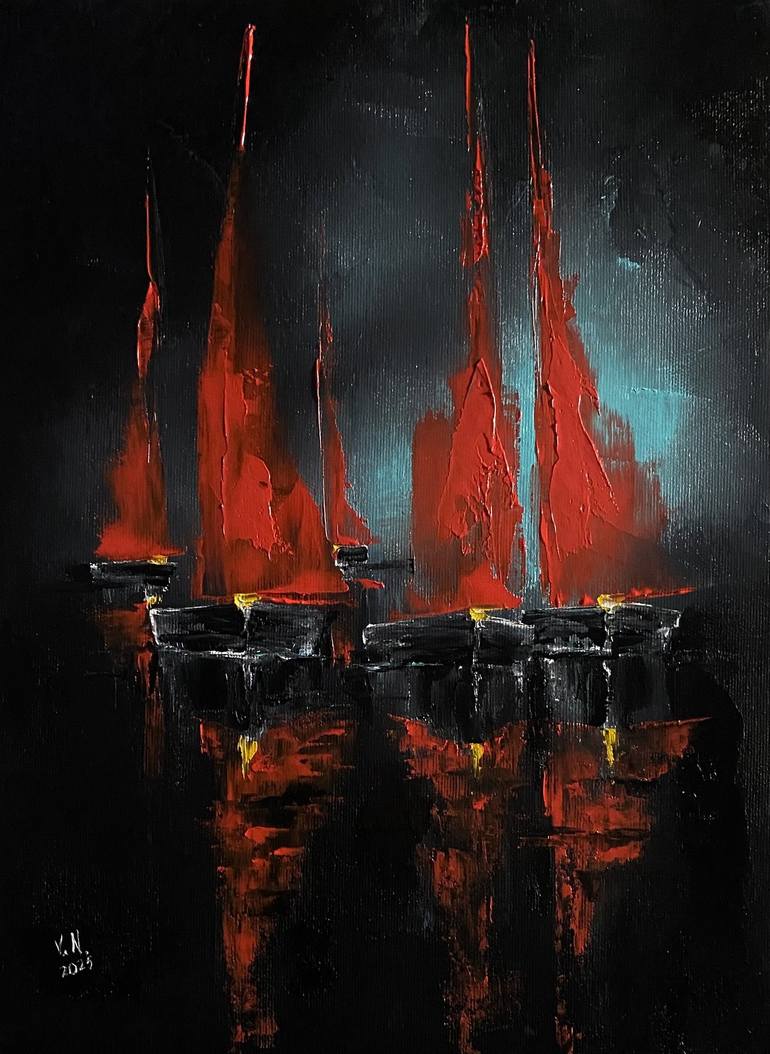 Original Abstract Expressionism Boat Paintings by Volodymyr  Nezdiimynoha